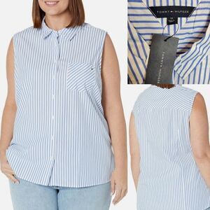 $65 NEW 3X TOMMY HILFIGER WHITE BLUE STRIPE SLEEVELESS COTTON JACKET SHIRT NWT